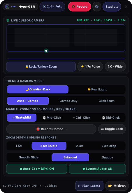 HyperGSR studio drawer open below the recording island, showing encoder, zoom, and combo settings.